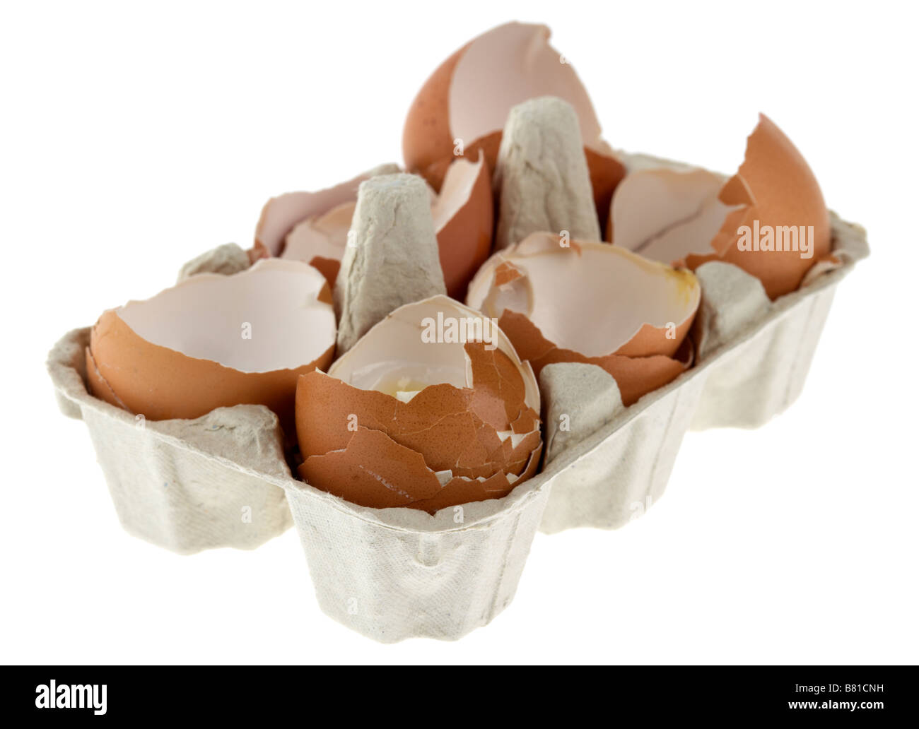 ein halbes Dutzend sechs gebrochenen Eiern in einem Karton Stockfoto