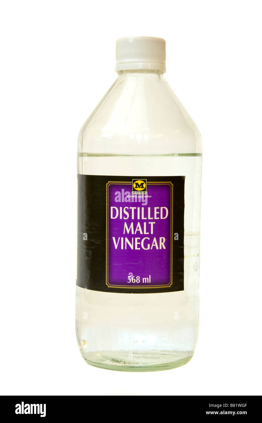Glas Flasche von Morrisons destilliert weißer Malzessig Stockfoto