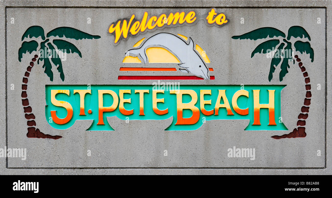 Willkommen in St. Pete Beach Zeichen, St. Petersburg Beach Gulf Coast, Florida, USA Stockfoto