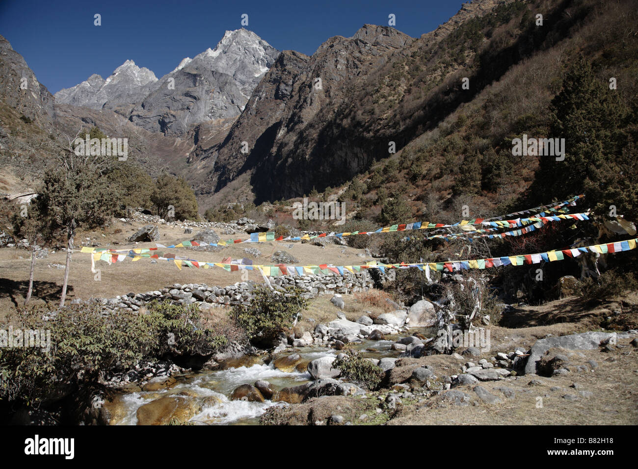 Gebetsfahnen über Bach im Khumbu-Region Nepal Stockfoto