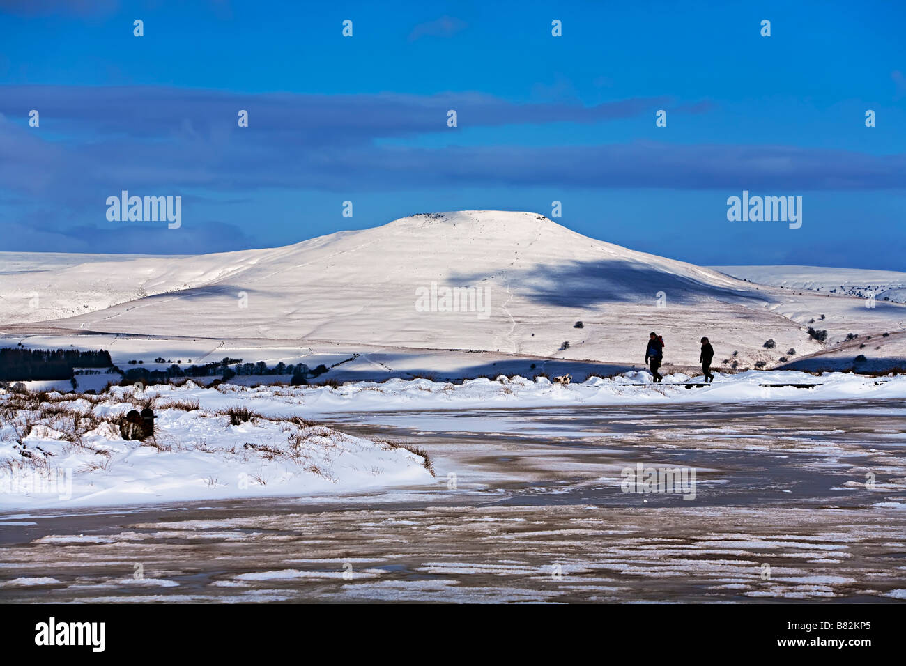 Zwei Menschen, die zu Fuß neben zugefrorenen Teich mit Zuckerhut in Ferne Wales UK Stockfoto