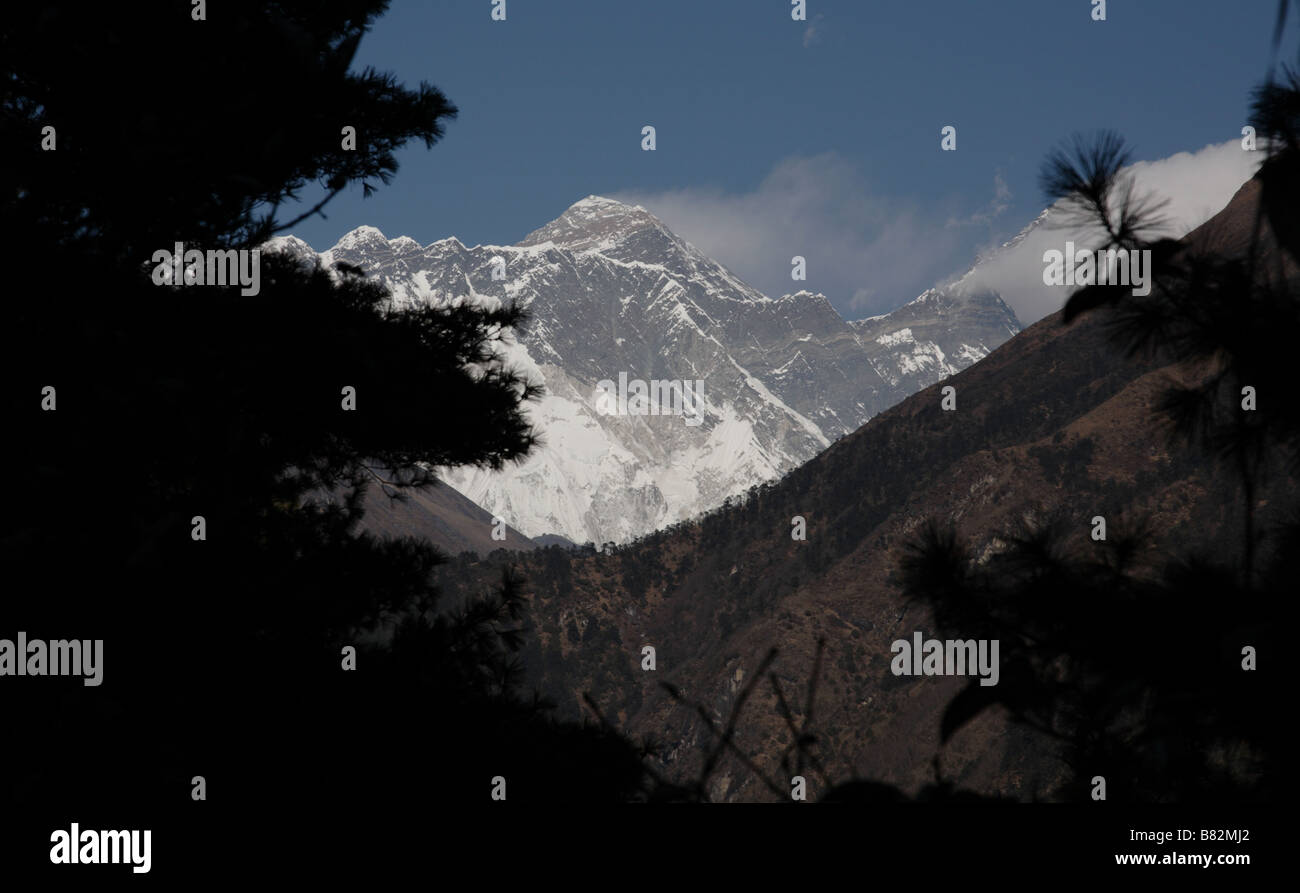 Ansicht des Mount Everest auf Weg nach Namche Bazar Stockfoto