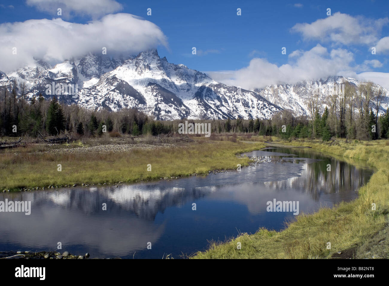 Der Grand Teton Teil der Rocky Mountain Range Wyoming Rockies und dem Snake River mit Mt. Moran Stockfoto