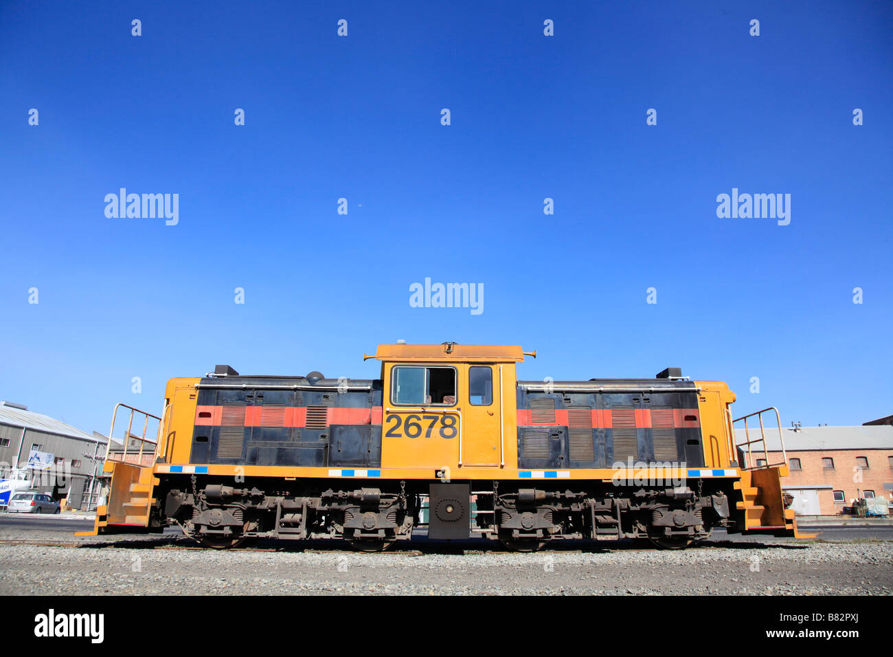 Diesel-elektrische Rangierlok Lok Zug auf Gleis Timaru, Canterbury, Südinsel, Neuseeland Stockfoto