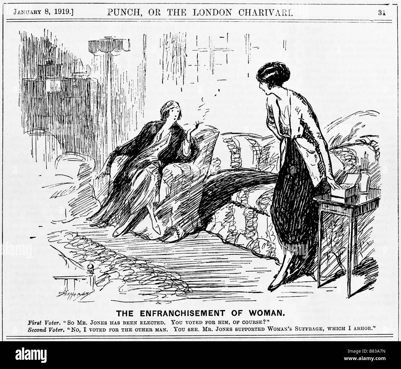 Punch Magazin Cartoon 1919 vom Künstler Claude Allin Shepperson (1867-1921) unter dem Titel "The Enfranchisement der Frau" Stockfoto