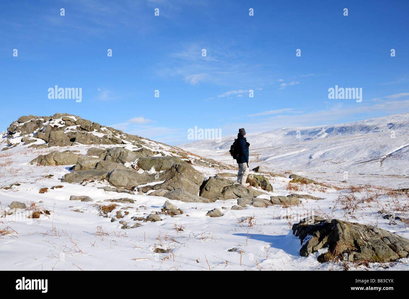 Walker mit Blick auf den Black Mountain Brecon Beacons National park Carmarthenshire Wales Stockfoto