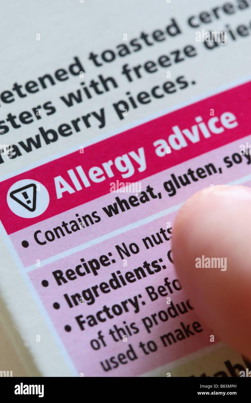 Lebensmittel Allergie Beratung Informationen Produkt Verpackung Label Inhalt enthalten Weizengluten Stockfoto