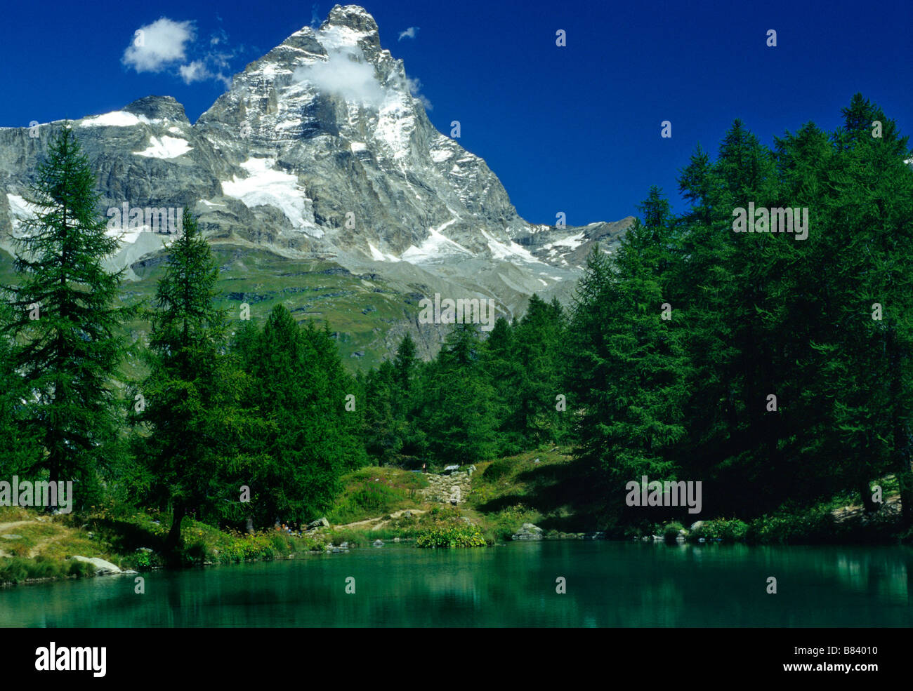 Europa - Italien - Alpen - Vallée d'Aoste - Matterhorn - Cervino - Mount Cervin - ein Blick vom Lago Blu, Blue Lake Breuil Stockfoto