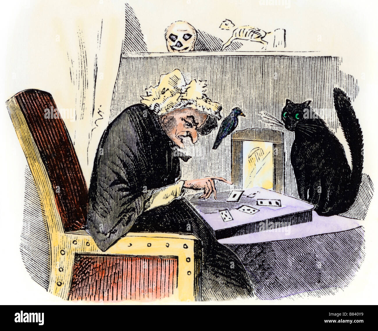 Hexe casting ein Zauber durch einen Raben und eine schwarze Katze begleitet. Hand - farbige Holzschnitt Stockfoto