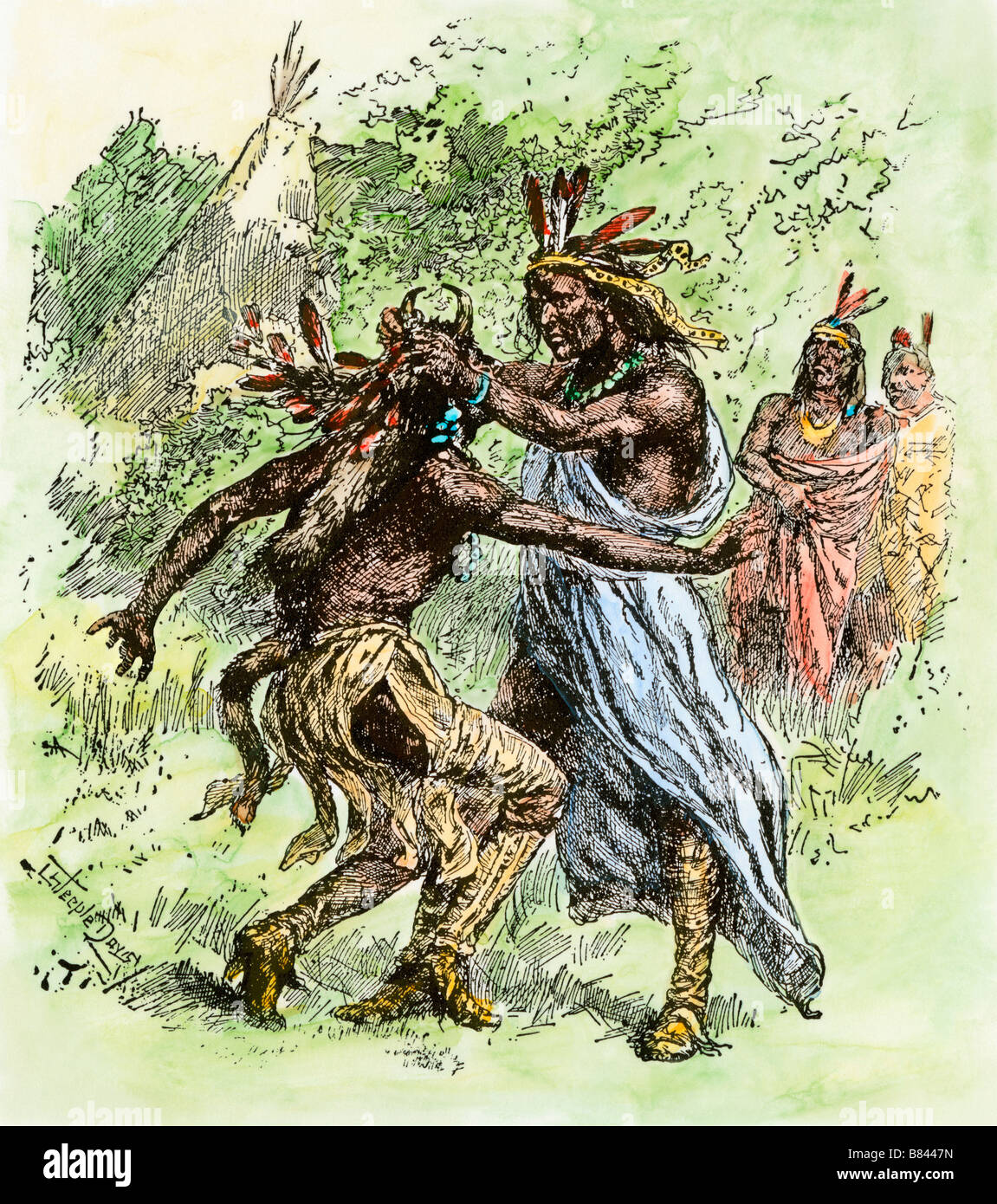 Tecumseh sein Bruder, der Prophet, an den Haaren ziehen. Hand - farbige Holzschnitt Stockfoto