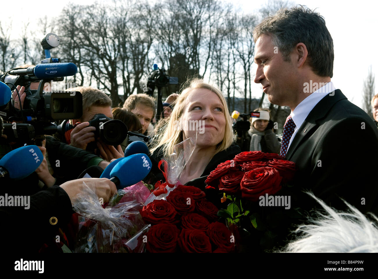 Neu gewählte Ministerpräsident, Anniken Huitfeldt, Norway.In Front des norwegischen Schlosses nach dem König vorgestellt. Stockfoto