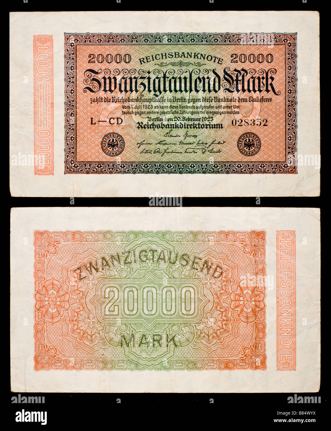 Deutsche Banknoten - 20.000 Mark aus der Zeit der Hyperinflation, datiert 20. Februar 1923 Stockfoto