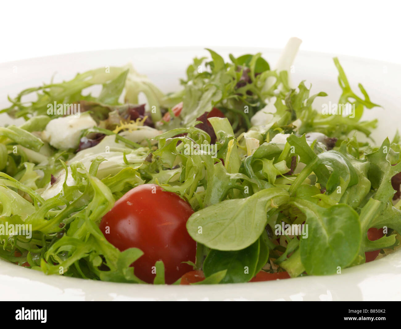 Frische, gesunde Gemischter Salat mit Feta Käse serviert auf einem Teller Isoliert gegen einen weißen Hintergrund mit keine Menschen und einen Freistellungspfad Stockfoto