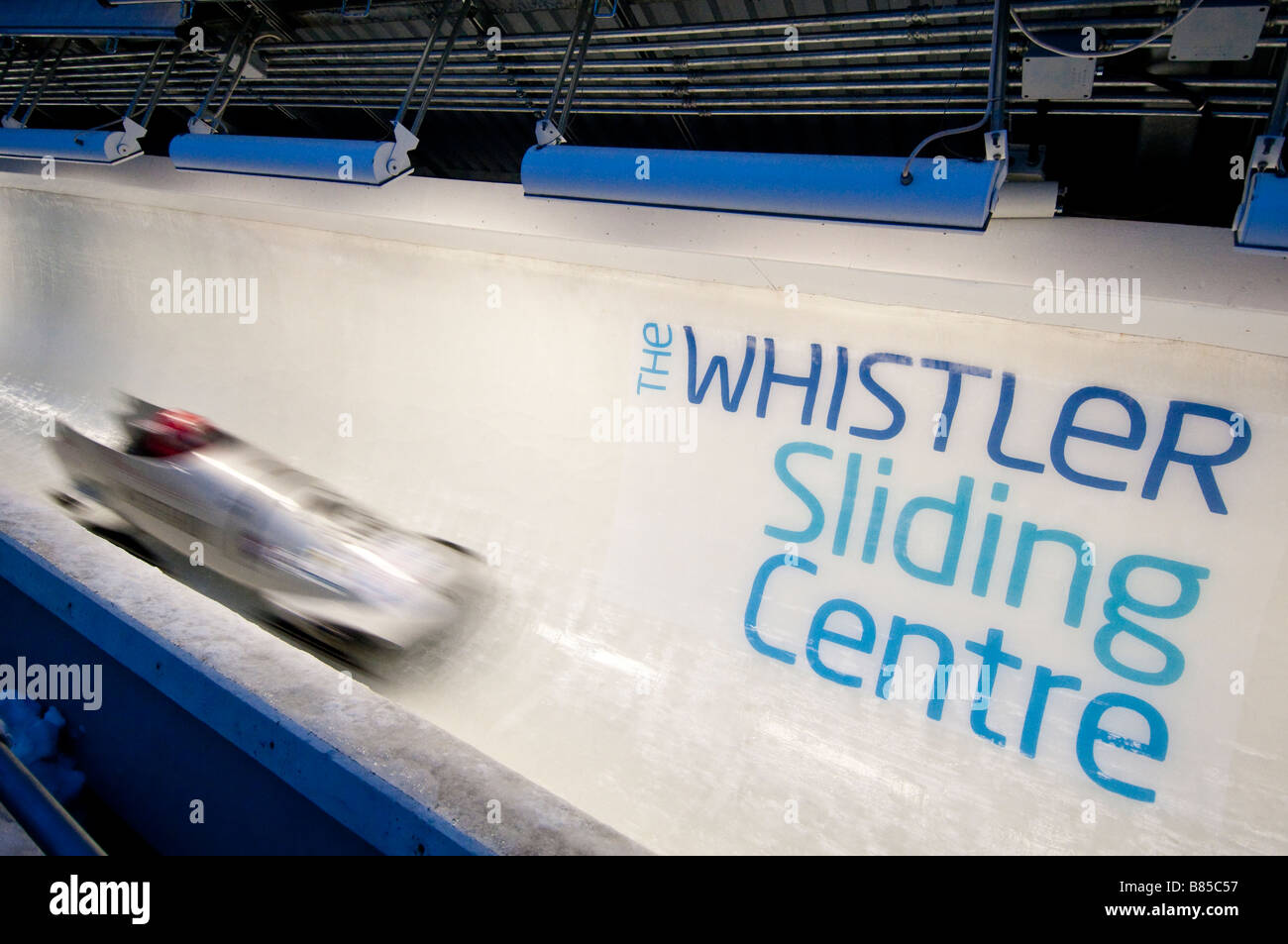 Bob-Wettbewerb im Whistler Sliding Centre Stockfoto