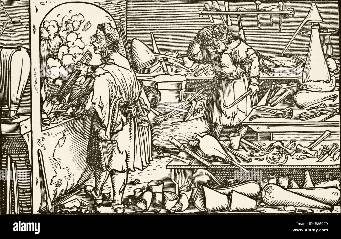 Der deutsche Alchemist nach einem 16. Jahrhundert Holzstich Holbein zugeschrieben Stockfoto