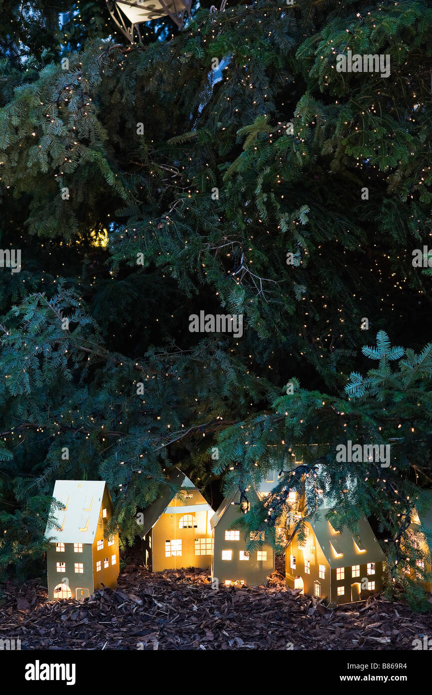 Musterhäuser unter Weihnachtsbaum, Straßburg, Elsass, Frankreich Stockfoto