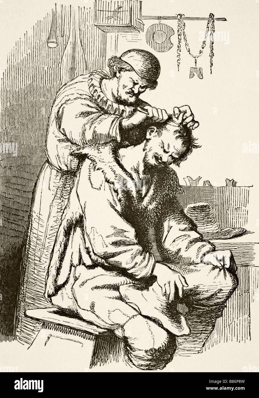 Ein Arzt, der eine Operation durchführt. Nach einer Gravur aus dem 17. Jahrhundert. Stockfoto