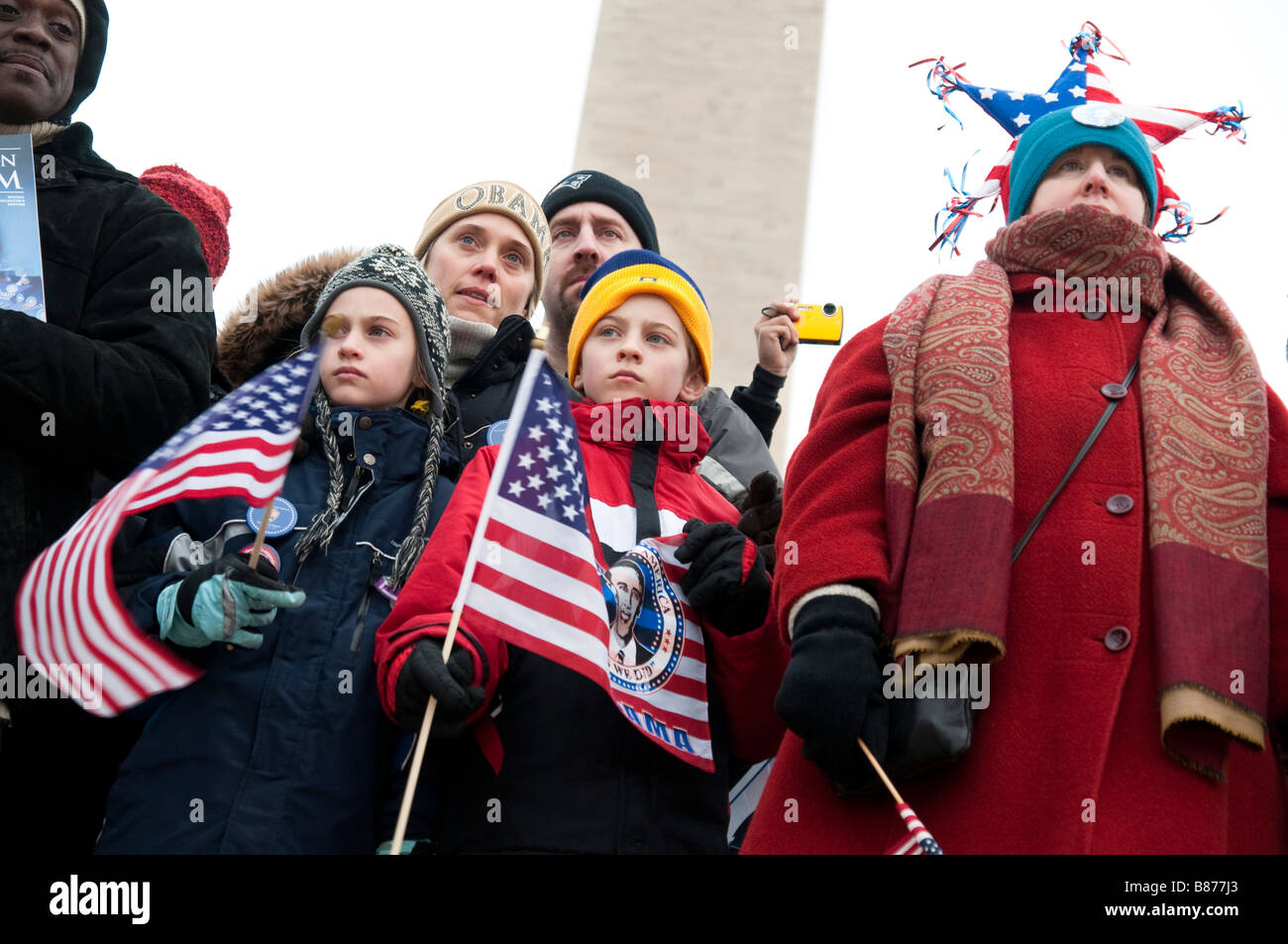 Anhänger in der Nähe von Washington Monument feiern die Amtseinführung von Barack Obama Stockfoto