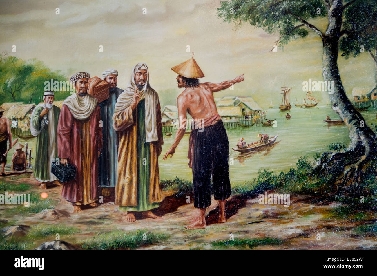 Die Ankunft von Sheikh Shamsuddin in Kampung Air Brunei 1450, den König von Brunei zum Islam Malacca Malaysia zu konvertieren Stockfoto