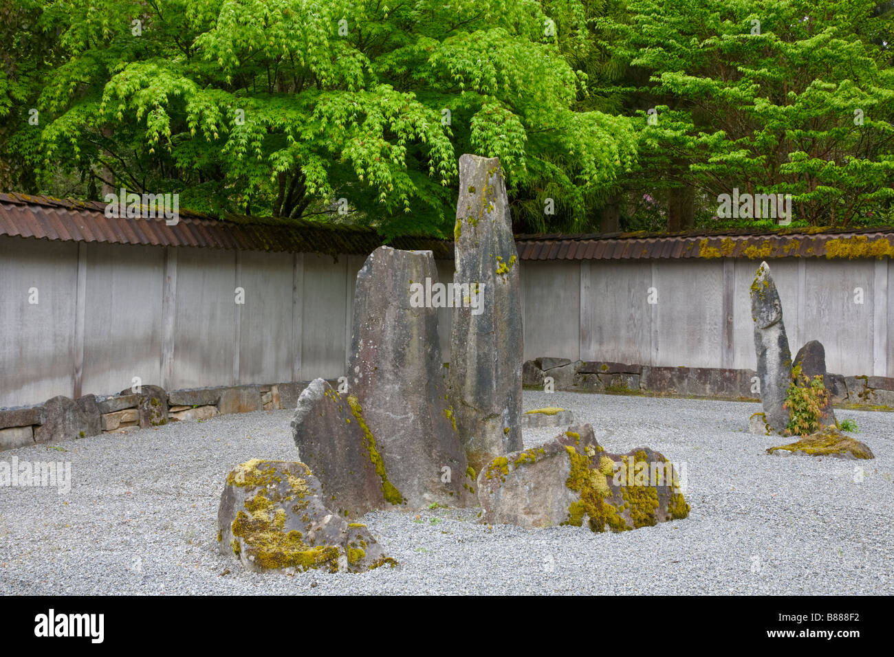 Woodinville, WA: Geharkt Sand und Stein in den Zen-Garten des Heiligtums Welch Stockfoto