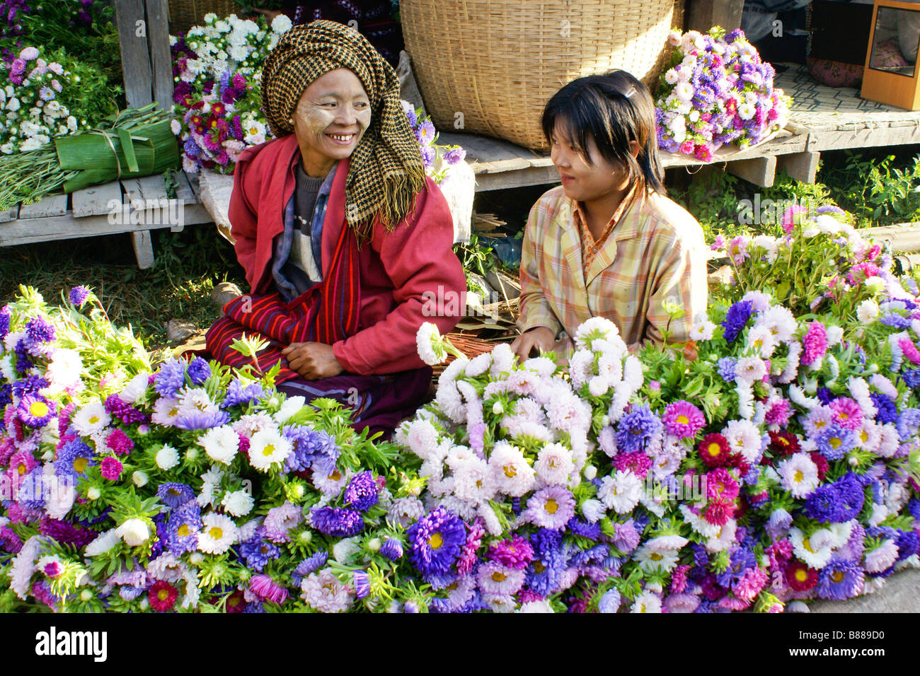 Mutter und Tochter, Thanaka auf Gesicht, Verkauf von Astern auf Nampan fünf Tage Markt, Inle-See, Myanmar (Burma) Stockfoto
