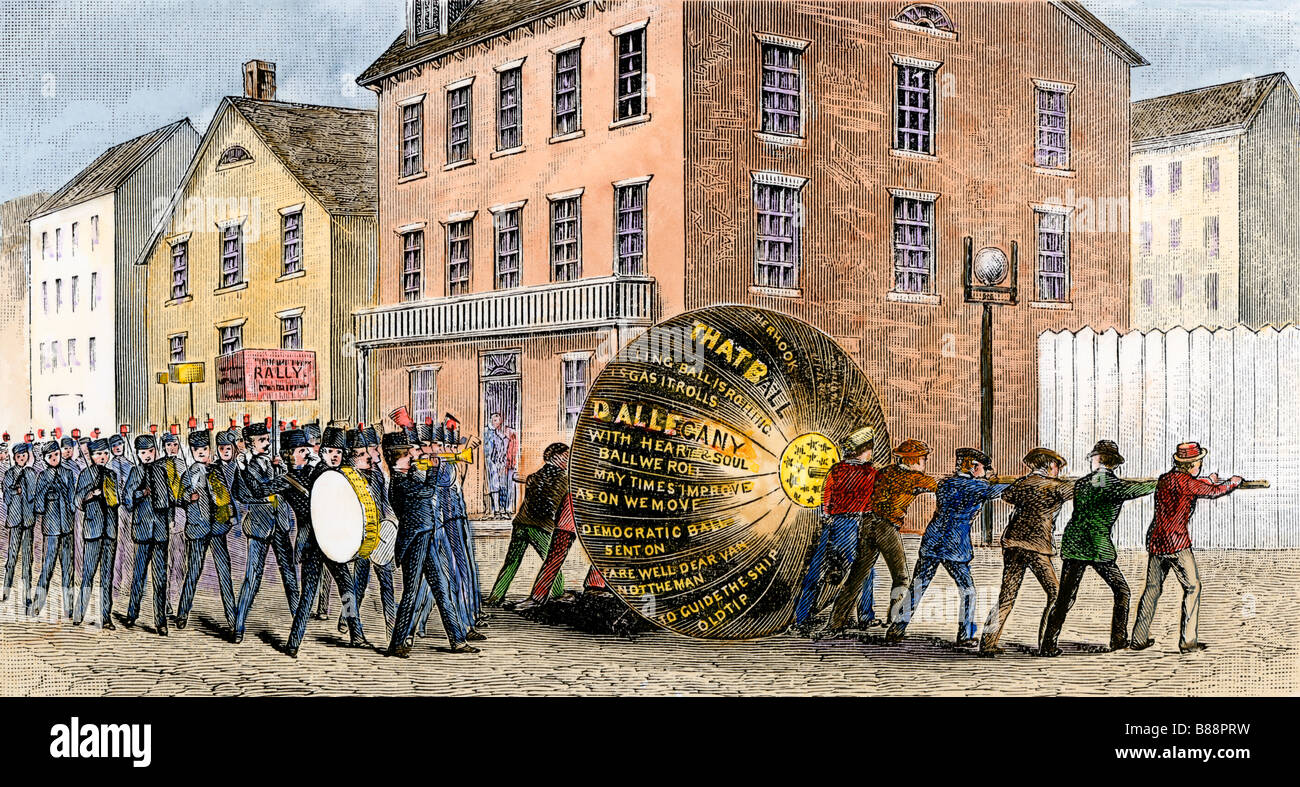 Tippecanoe Prozession während der Präsidentschaftswahlen William Henry Harrison's Kampagne 1840. Hand - farbige Holzschnitt Stockfoto