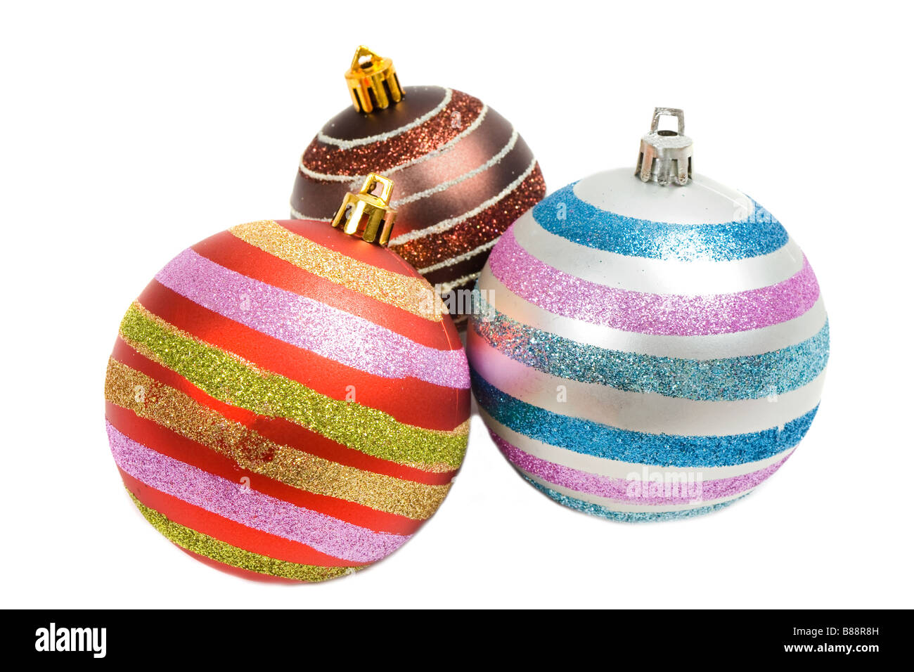 Drei Kugeln von Weihnachten auf ein weißer Hintergrund Stockfoto