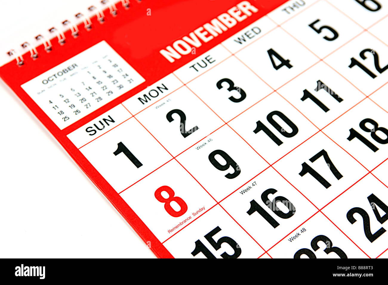Kalender auf den Monat Novmeber 8. rote Erinnerung Sonntag Stockfoto
