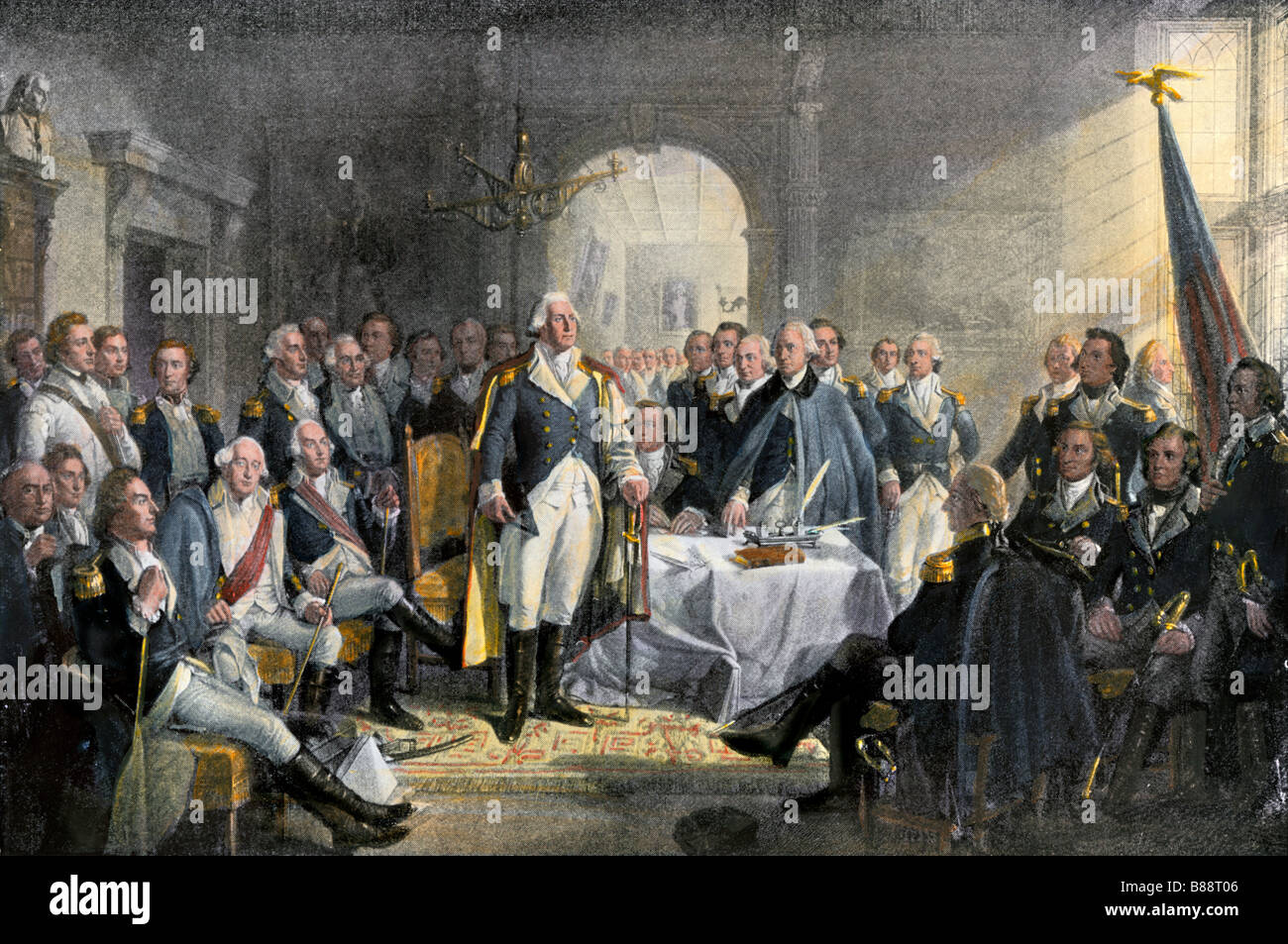 George Washington und seine Generäle während der Amerikanischen Revolution. Hand - farbige Gravur Stockfoto