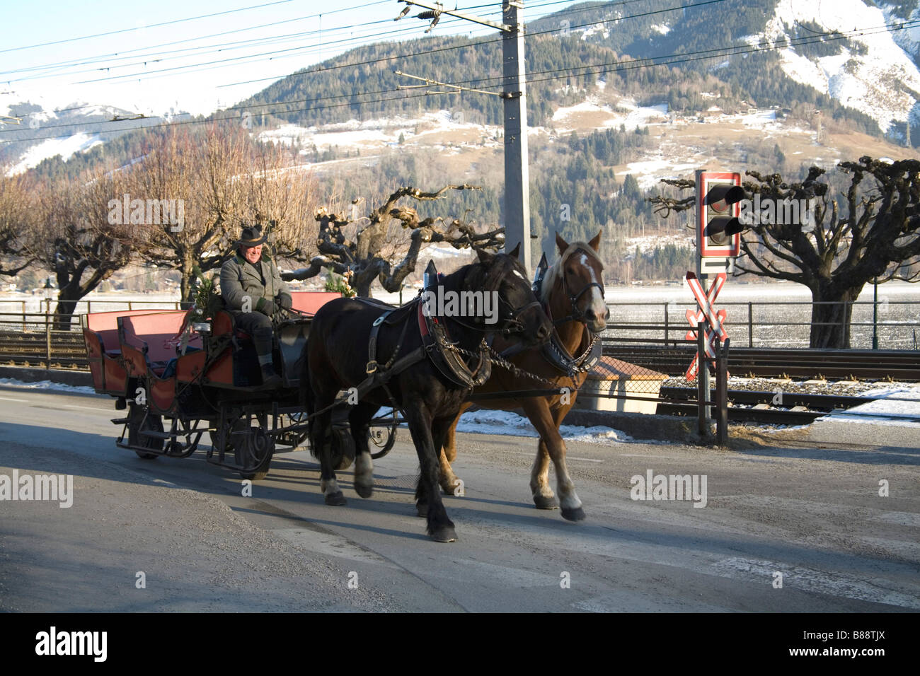 Österreich EU Januar Mann fahren von einem Pferd gezogenen Schlitten neben Zeller See See Stockfoto