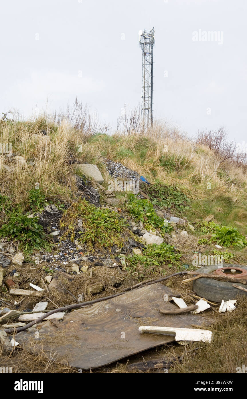 Müllhalde und Telefonmast Stockfoto