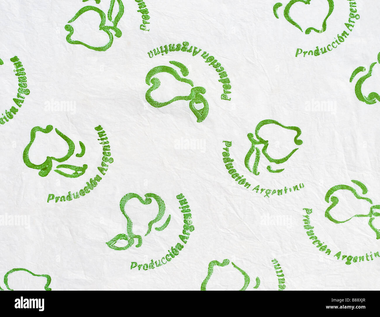 Obst-Wrapper aus Argentinien - Obst-Logo-Abbildung auf Seidenpapier. Stockfoto
