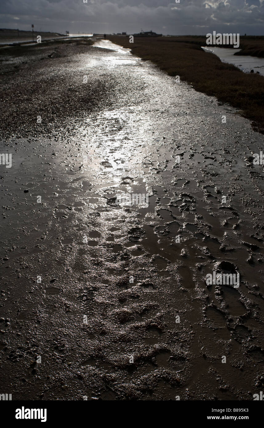 Ein Küsten Sand nass Fußweg neben dem Fluss Rother am Hafen von Roggen in Sussex Stockfoto