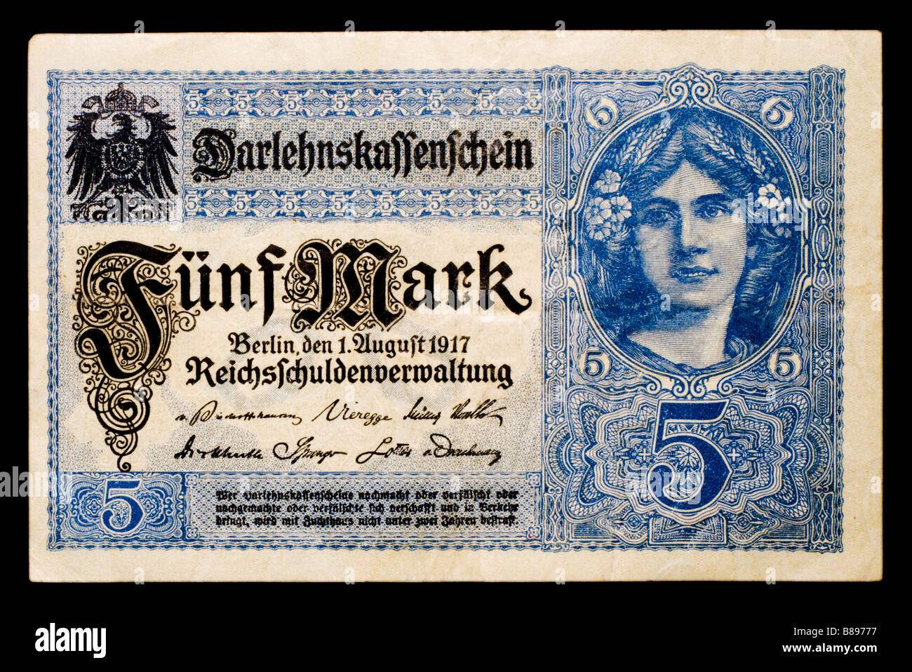 Deutsche Banknote 5 Mark vom 1. August 1917 Stockfoto