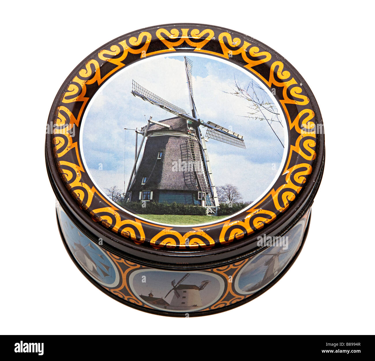 Windmühle Bild und Design auf alten Keks Dose UK Stockfoto