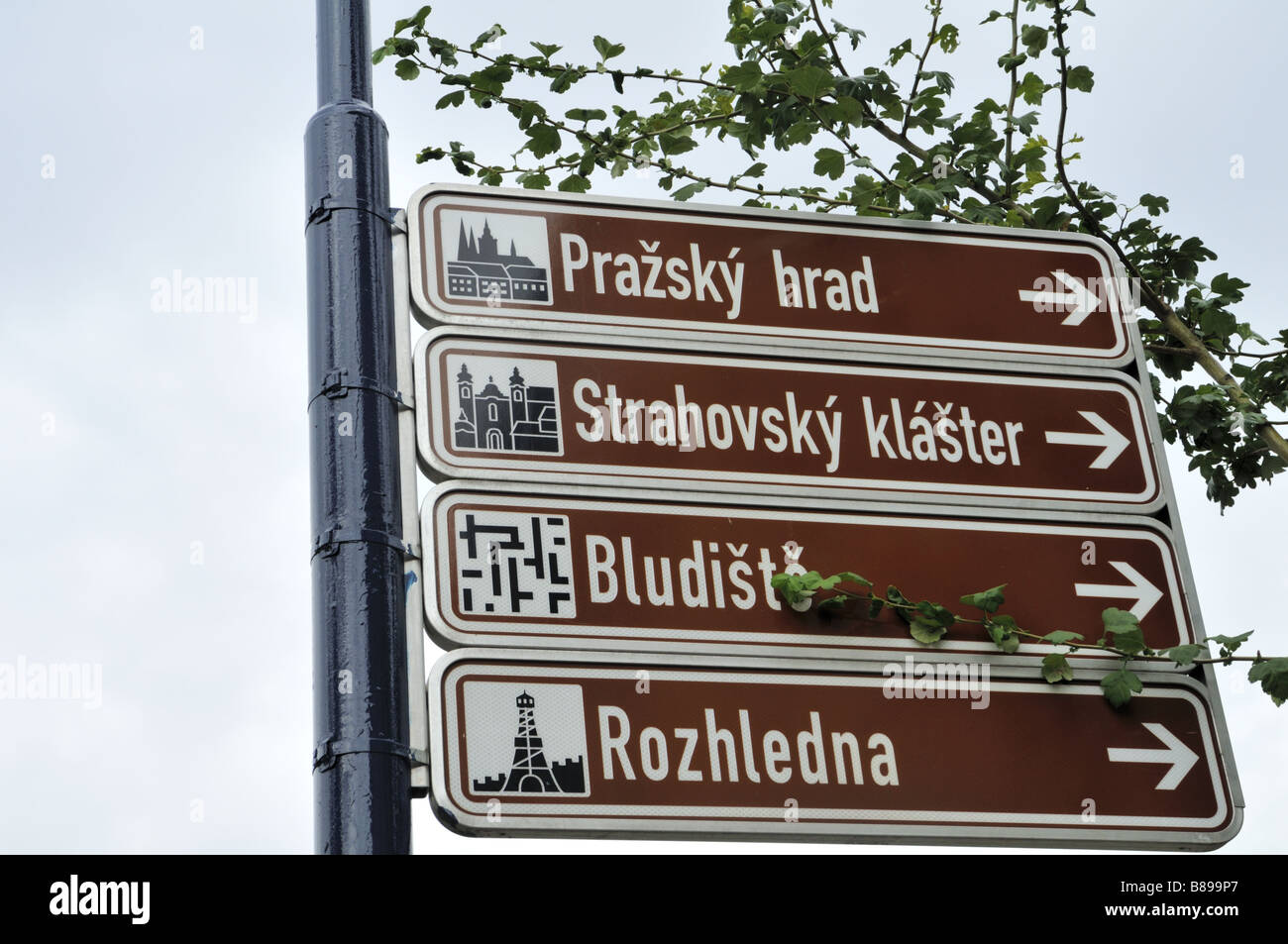 Richtung den Schildern zum Prager Sehenswürdigkeiten Stockfoto