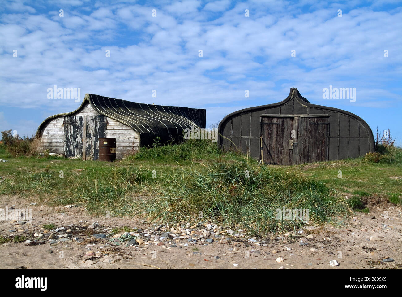 Alte Boote umgebaut, Schuppen, Holy Island, Berwick nach Tweed, Northumberland Stockfoto