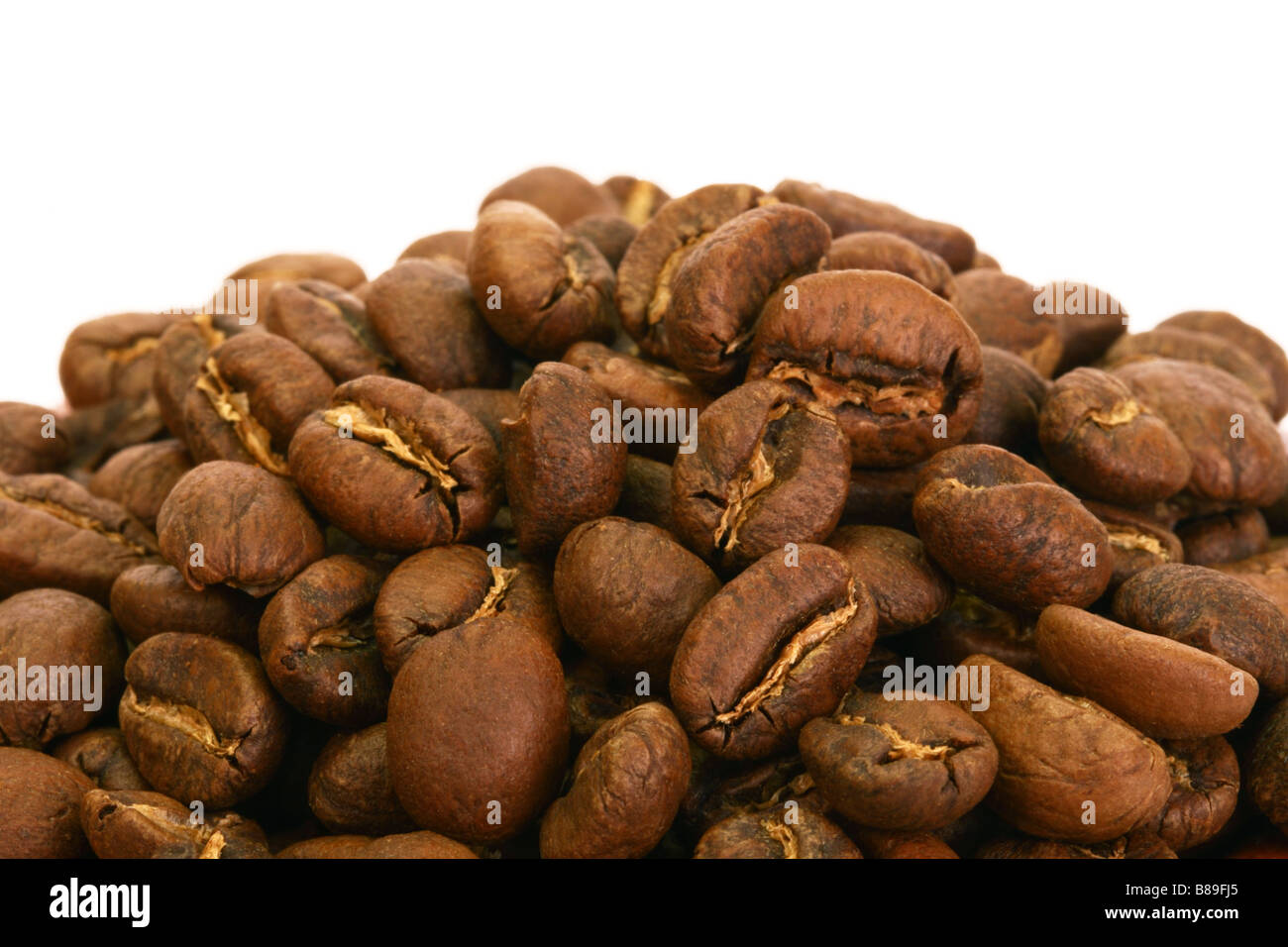 Medium geröstete Kaffeebohnen aus der Region Nyeri in Kenia auf weißem Hintergrund Stockfoto