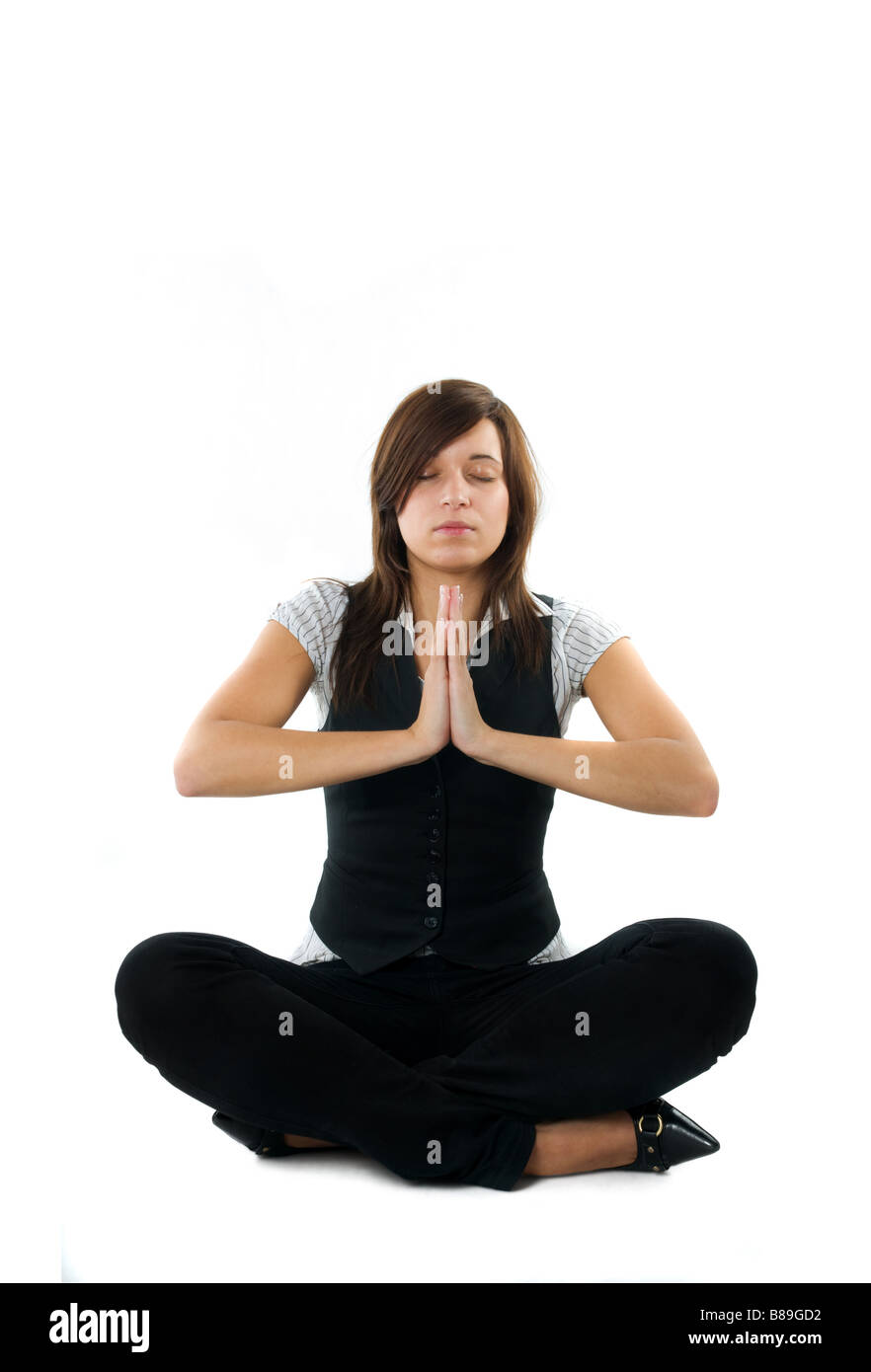 Geschäftsfrau, entspannen, meditieren isoliert auf weißem Hintergrund Stockfoto