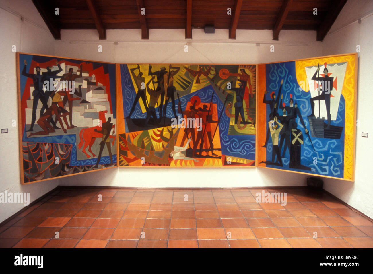 Gemälde mit dem Titel El Descubrimiento del Amazonas von Oswaldo Guayasamín, Kunstmuseum Guayasamín Museum, Quito, Ecuador Stockfoto