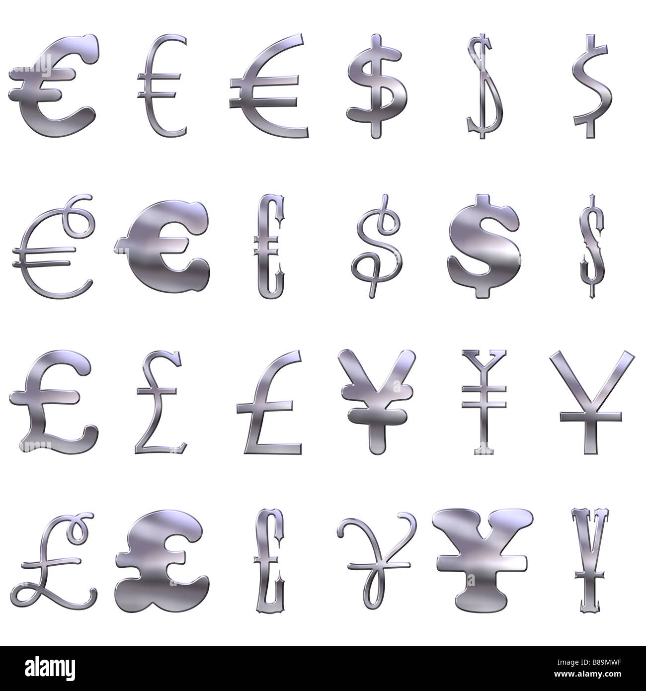 exzentrische Silberwährung 3D-Symbole Stockfoto
