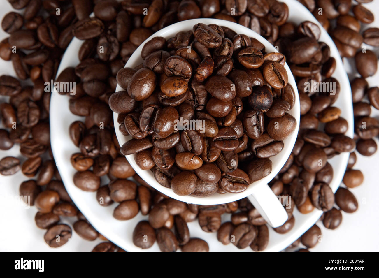 Kaffeebohnen in einem WM-Fokus in der ersten Ebene Stockfoto