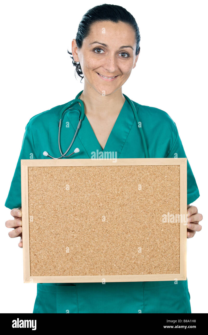 attraktive Dame Arzt vor einem weißen Hintergrund Stockfoto