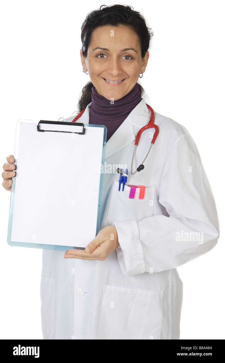 Foto eines glücklichen Arztes über weißen Hintergrund perfekt für anzukündigen und Werbung Stockfoto