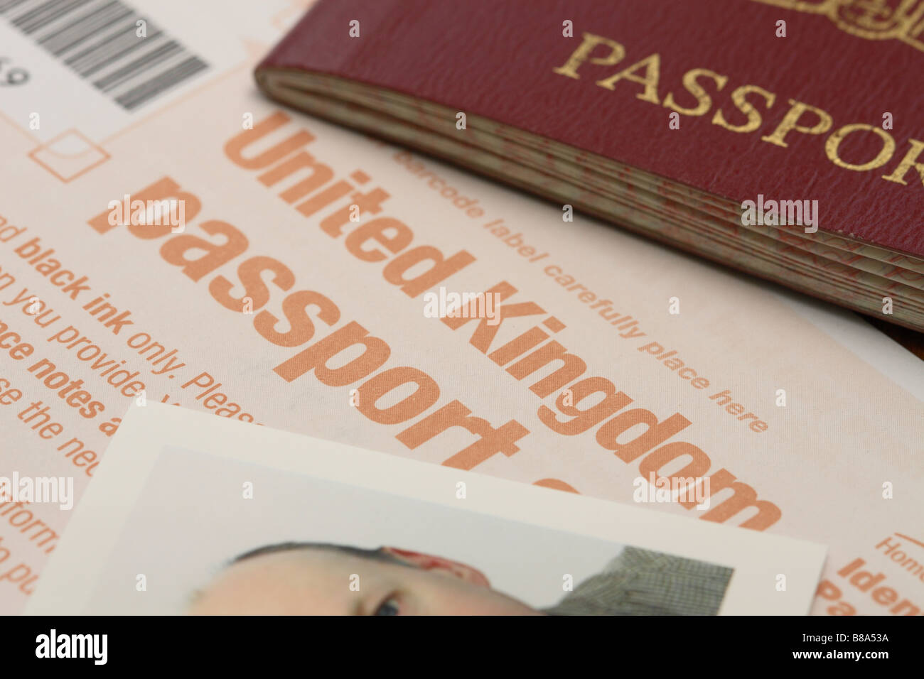UK britischen Pass Form und Fotografie Bewerbungsfoto Stockfoto