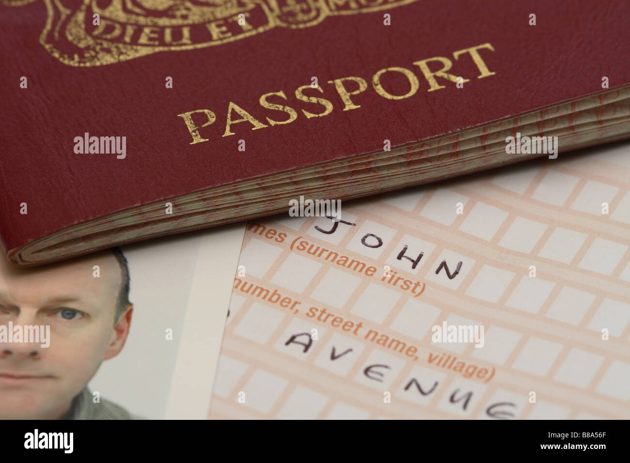 UK britischen Pass Form und Fotografie Bewerbungsfoto Stockfoto