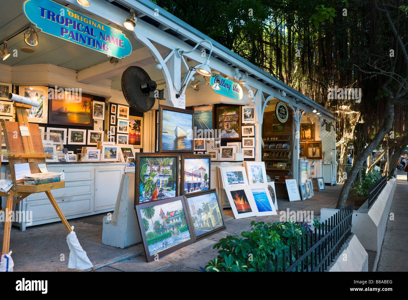 Galerie Verkauf von Gemälden auf der Duval Street, Old Town Key West, Florida Keys, USA Stockfoto