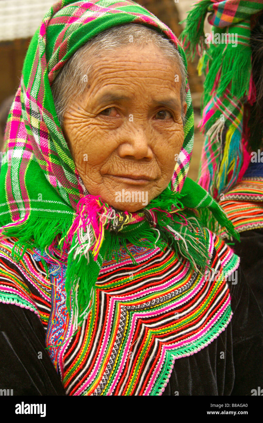 Flower Hmong-Frau in traditioneller Kleidung, Sapa, Vietnam Stockfoto