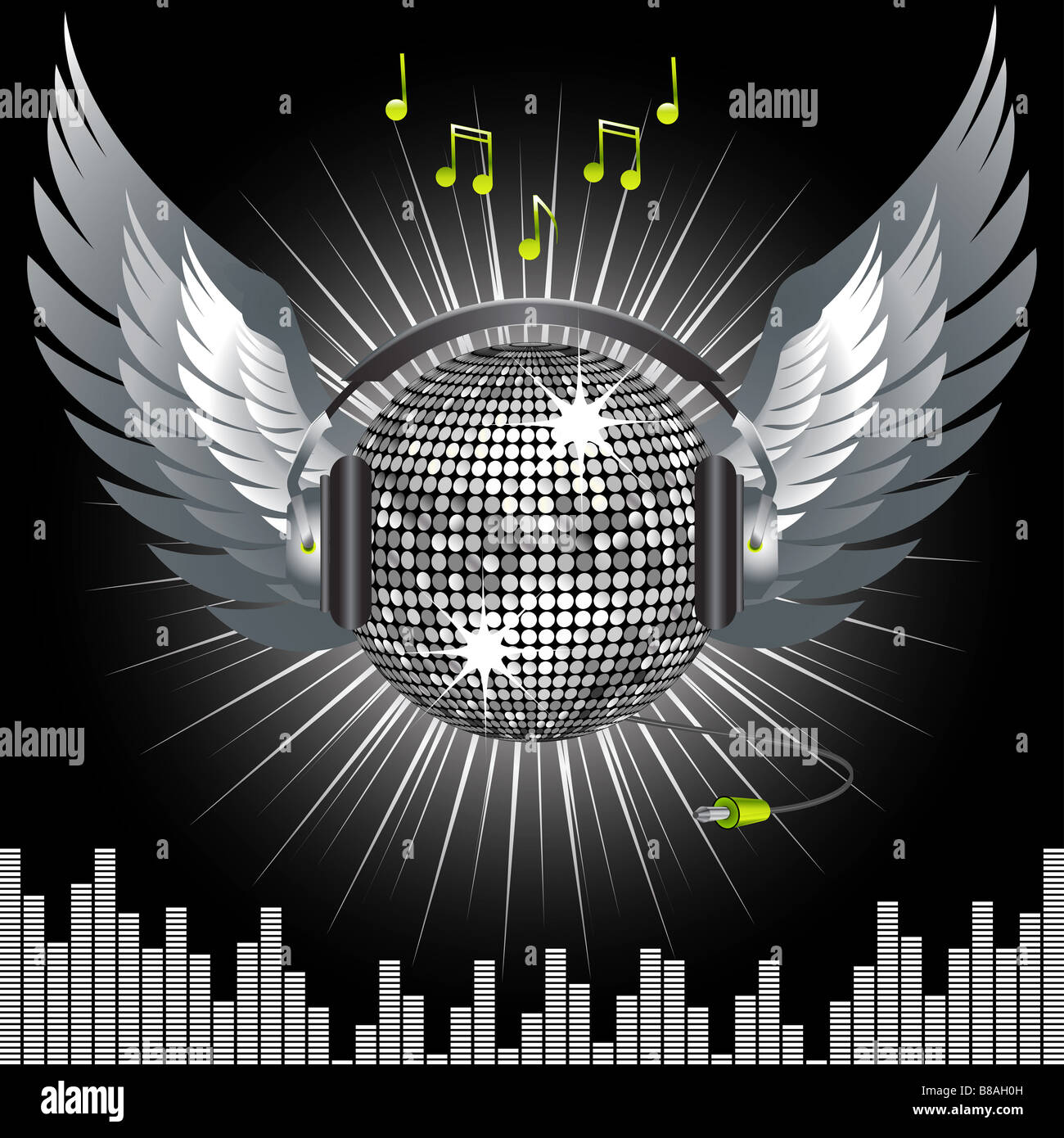 silberne Discokugel mit Kopfhörer und Flügeln auf einem schwarzen Hintergrund mit weißem Licht von hinten heraus platzen Stockfoto
