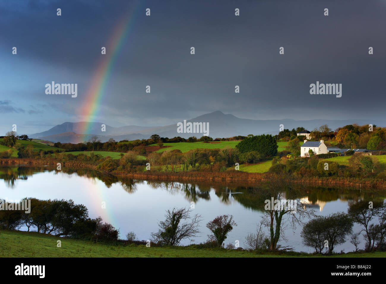 Morgendämmerung über Bantry Bay, mit einem Regenbogen Nr. Bantry, County Cork, Irland Stockfoto